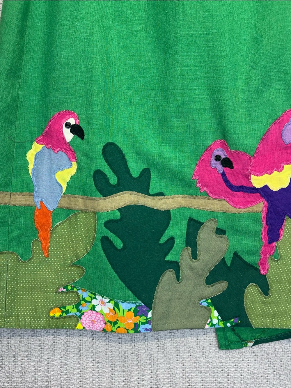 A Pretty Penny Green Handmade Patchwork Tropical Birds Wrap Skirt S Cottagecore - Picture 2 of 13